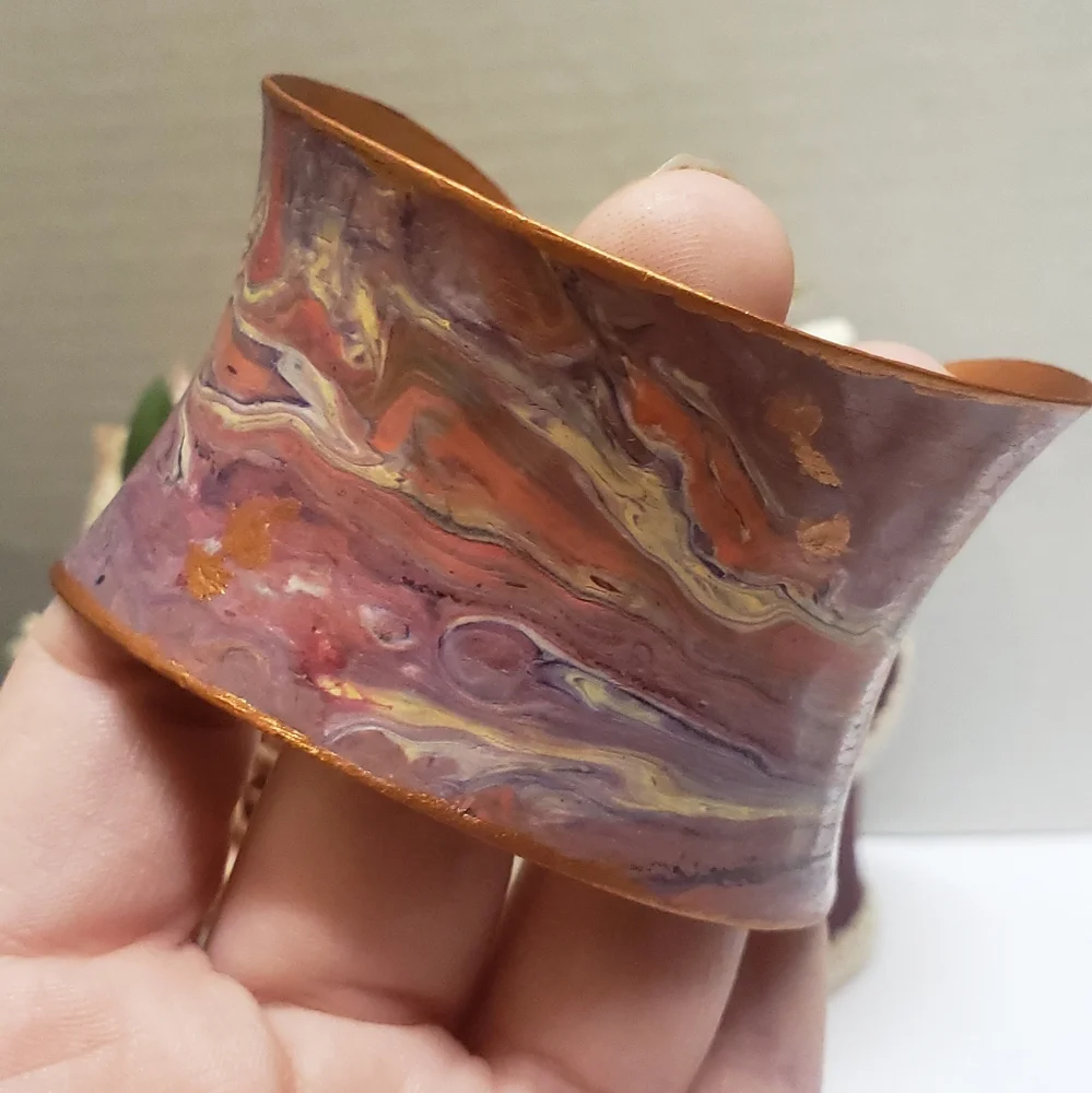 Hand Painted Acrylic Pour Pink Purple & Copper Metallic Swirl Cuff Bracelet